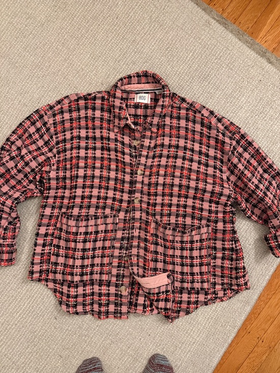BDG Jackets & Blazers - BDG Textured Heavy/Mid Weight Pink & Black Plaid Oversized Shirt Jacket